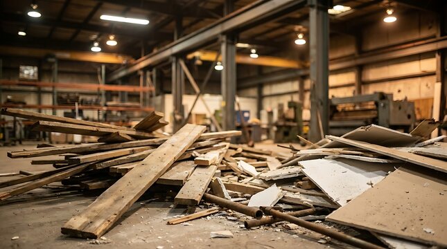 Cluttered industrial workshop with scattered wooden debris