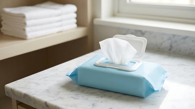Blue wet wipe package on white marble countertop wet wipes