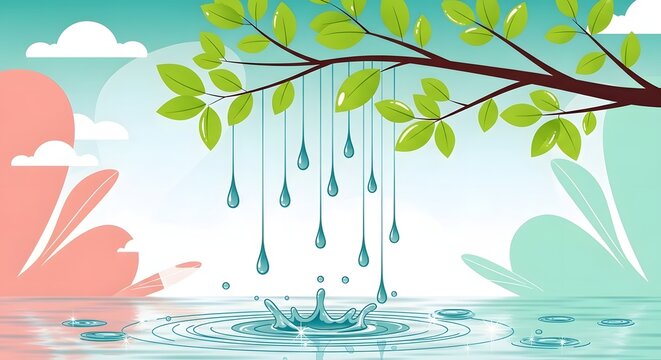 Refreshing water droplets falling from green leaves. Hydration and clean water supply concept. Water raining from a branch into a pond with circular ripples and sparkling light