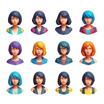 Low poly female avatar icon collection with diverse hairstyles