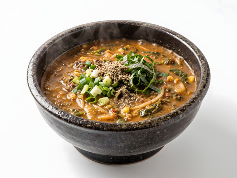 Korean Spicy Loach Soup Chueotang in a Hot Stone Pot on White Background