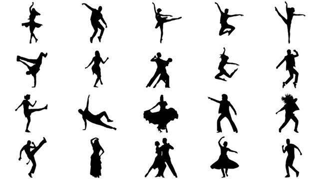 Silhouette dancers performing various ballet moves