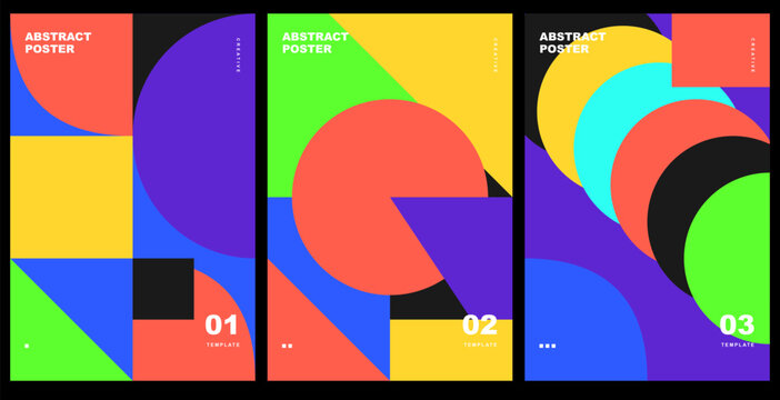 Set of abstract posters with geometric shapes, colorful bauhaus style vector templates for modern design, banners, and flyers. Vector illustration.