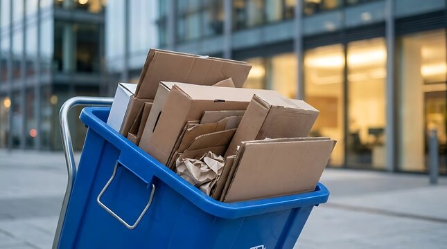 Blue recycling bin overflowing with cardboard boxes