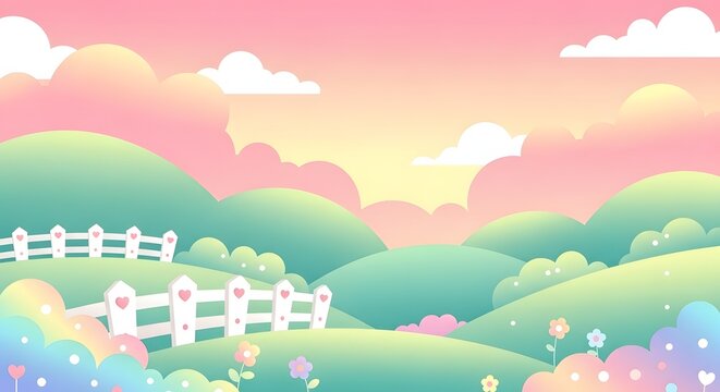 Peaceful rolling countryside with a white wooden fence. Rural charm and springtime tranquility. A colorful landscape at sunset with soft clouds and blooming flowers