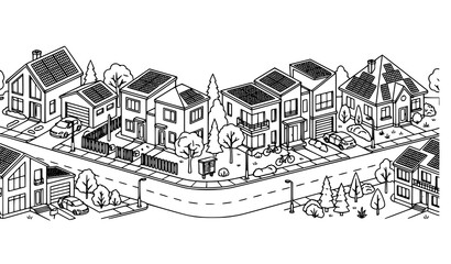 Fototapeta premium Seamless Neighborhood Line Art Web Banner with Residential Houses Solar Panel Rooftops and Modern Cityscape Vector Illustration