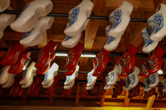Traditional Dutch wooden clogs (klompen), handcrafted and hand-painted, photographed in April 2026 at Keukenhof flower park in the Netherlands.