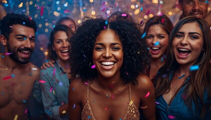 Obraz premium Diverse group of happy friends celebrating with colorful falling confetti