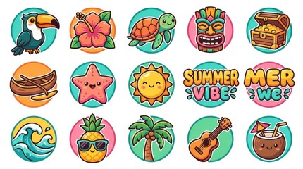 Fototapeta premium A collection of cute cartoon picnic and summer activity stickers featuring food, drinks, outdoor items, and happy characters.