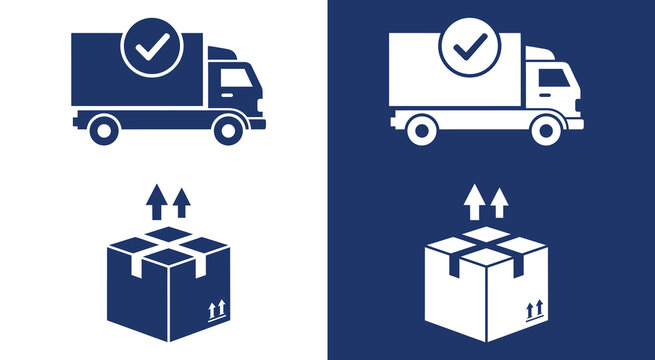 Shipping truck and cardboard box icons for delivery services