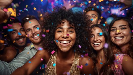 Fototapeta premium Diverse group of happy friends celebrating with colorful falling confetti