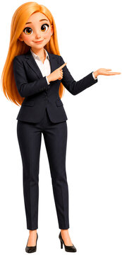 A cute big-eyed woman with golden-yellow eyes, wearing a professional office suit, standing and pointing to the right side with one hand, presenting empty space