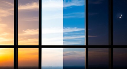 Fototapeta premium Day and night cycle, window view, sky and clouds, sunset, moonlight
