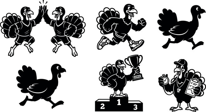 Turkey Trot Sports Mascot Character Silhouette Set with Running Birds, Championship Trophy, High Five, Coach, and Thanksgiving Fun Run Athletic VectorsTurkey Trot Sports Mascot Character Silhouette Se
