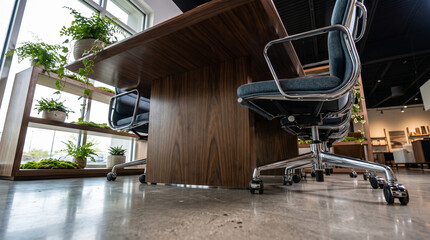 Fototapeta premium Modern professional office workspace with a polished wooden desk, ergonomic black chairs, and decorative indoor green plants