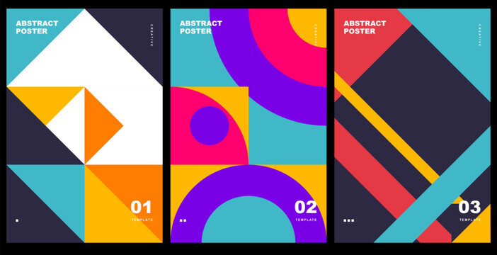 Set of abstract geometric posters with vibrant colors, bauhaus style, modern minimalist art templates for design. Vector illustration.