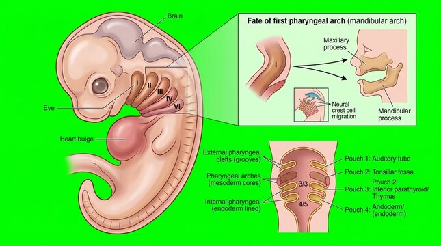 Detailed illustration of a human embryos head and pharyngeal arches anatomy