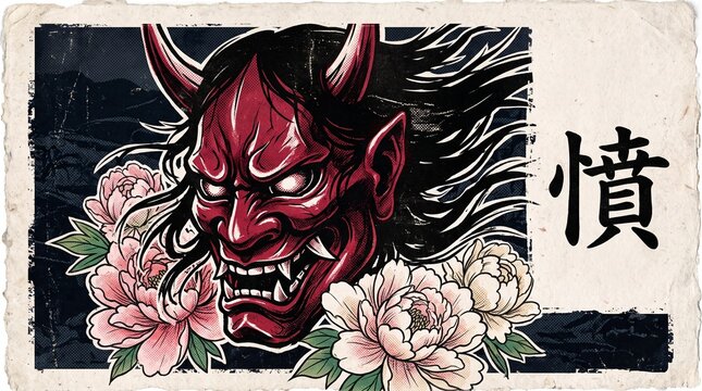Japanese Oni demon mask, red, with pink flowers and kanji character, horror, mythical creature, Asian design