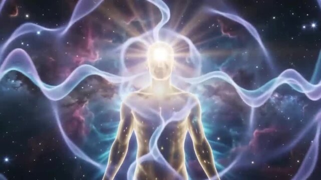 A luminous human silhouette floating in deep outer space surrounded by colorful nebula clouds, stars, and radiant cosmic energy. Futuristic spiritual visualization symbolizing consciousness, enlighten