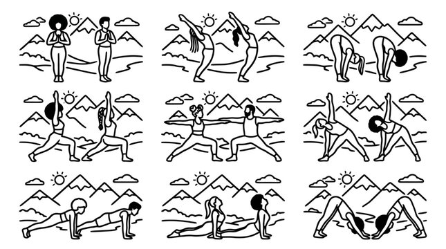 People practicing yoga outdoors in mountains line art vector illustration.