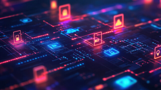 Electronic circuit board with glowing red and blue LED lights in dark futuristic setting