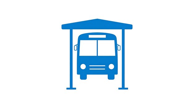 A blue bus icon under a simple shelter on a white background
