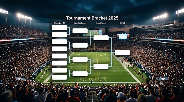 Tournament bracket 2025 template overlay on a crowded stadium background