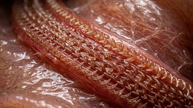 Extreme Macro Close-up of a Snail Radula Showing Multiple Rows of Sharp Teeth