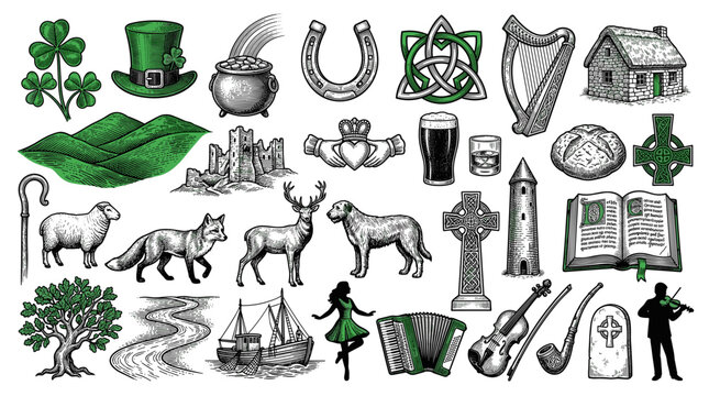 Saint Patrick's Day Irish Culture Icons Engraving Style &mdash; Shamrock Harp Claddagh Celtic Symbols Set