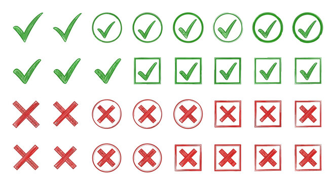 Vector icons green checkmarks and red crosses. Diverse plain, circled, squared styles. Useful for approval, rejection, success, and error status in user interfaces