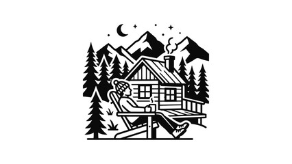 Fototapeta premium Cozy Cabin Retreat Serene Mountain Landscape Night Scene Relaxing Person