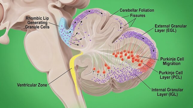 Detailed illustration of cerebellum anatomy with labeled structures and layers