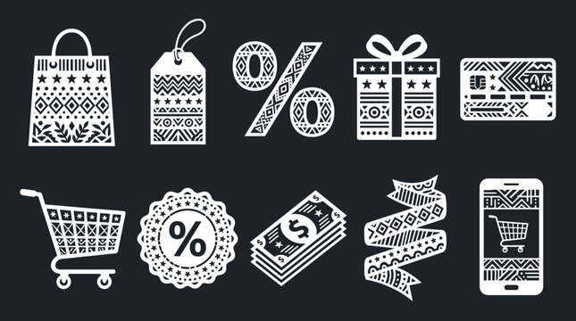 A collection of modern commerce and shopping icons with tribal and geometric patterns on a dark background
