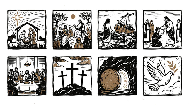 A collection of woodcut-style biblical scenes depicting significant moments in religious narratives spiritual journey