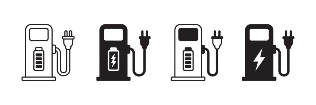 electric car with plug icon symbol, EV vehicle charging logo, green hybrid automobile concept and eco friendly transportation vector illustration