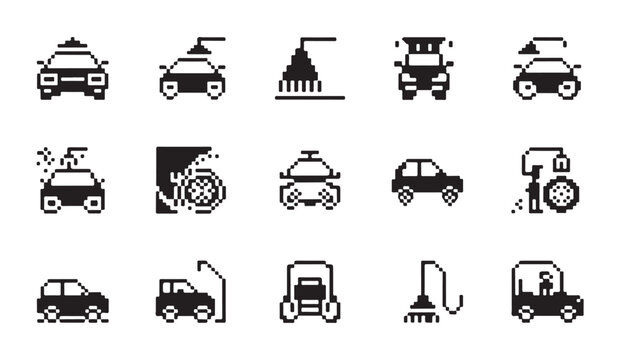 Vehicle cleaning and automatic car wash pixel art icon set for modern digital interfaces.
