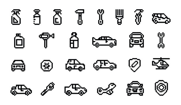 Diverse collection of retro pixel art style icons for automotive repair and car detailing.
