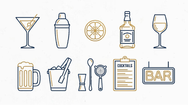 Cocktail Bar Icons: Martini, Shaker, Whiskey, Beer, Tools, Menu, Sign