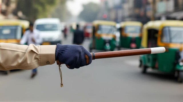 Hand in blue glove holding police baton during urban traffic enforcement on busy street
