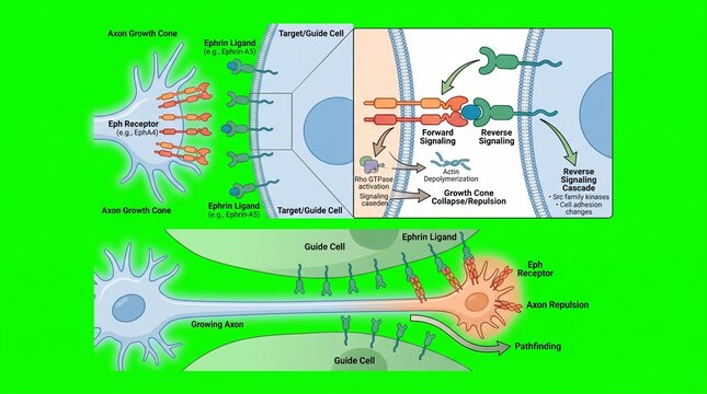 Detailed illustration of eph receptor and ephrin ligand interaction in axon guidance