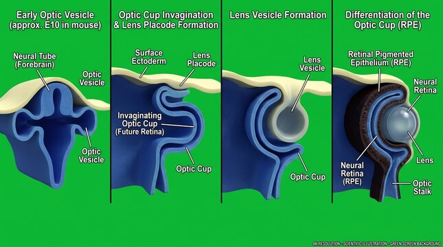 Diagram showing the development of the eye through four stages of optic vesicle formation