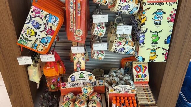 Cyprus, Larnaca, Souvenirs from Cyprus. A souvenir shop window with magnets. Memories of the island, various drawings