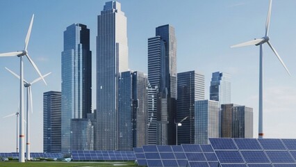 Fototapeta premium Green Technology and renewable energy concept featuring wind turbines and solar panels in front of a modern city skyline with skyscrapers.