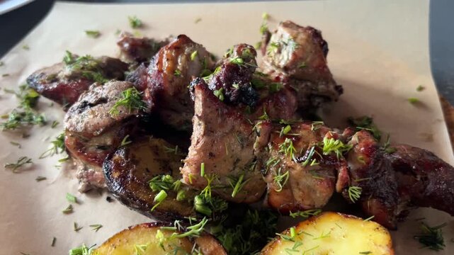 Delicious pork shashlik. Grilled meat, pieces with onions and dill. Caucasian barbecue.