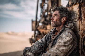Fototapeta premium Close-up Portrait of a Gritty Worker Resting Against Rusty Metal Machinery