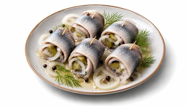 Modern isometric 3D render of rolled rollmops pickled herring with gherkin filling, isolated realistic seafood culinary icon for stock