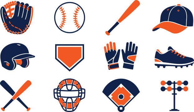 Baseball Sports Equipment Icons Set Blue Orange Flat Graphic Style