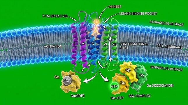 Detailed illustration of g protein coupled receptor activation and signaling process