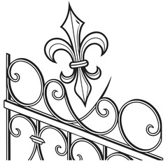 Architectural wrought iron fence section with fleur de lis finial black and white vector illustration decorative metal railing detail for garden gate design classical scrollwork pattern element. © Nasima