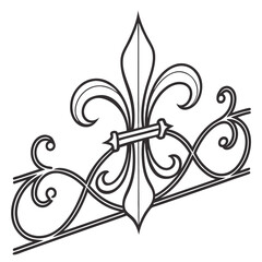 Wrought iron fleur de lis architectural detail ornament black and white vector illustration of decorative garden fence topper traditional french lily symbol metalwork design element scroll decor. © Nasima